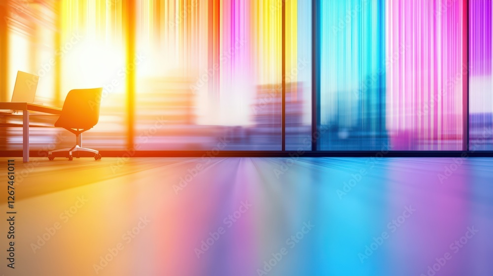 Aufkleber a vibrant office space with colorful light reflections through large windows, creating a dynamic and