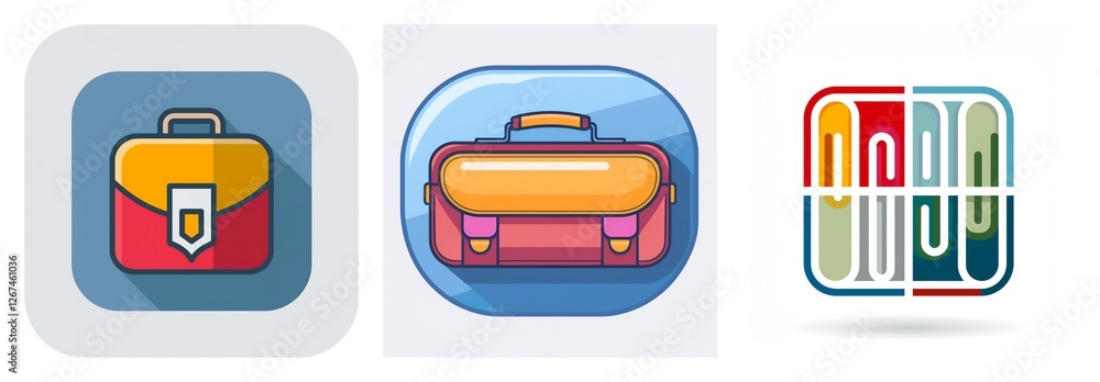 Poster Three icons: two are satchels or briefcases in flat and glossy styles. The third is an abstract square icon with colorful book or document shapes.