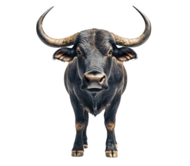 A large black bull with horns is standing in front of a white background. The bull's expression is serious and focused, giving the image a sense of strength and determination