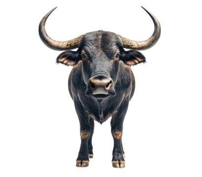 A large black bull with horns is standing in front of a white background. The bull's expression is serious and focused, giving the image a sense of strength and determination
