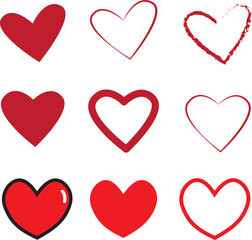 Collection of heart illustrations in different styles. Set of hand drawn red love icon vector illustrations