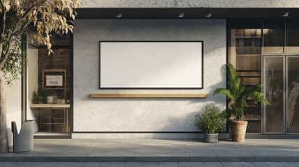 blank billboard in front of a building . Wall Mounted Storefront Sign Mockup