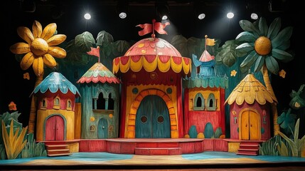 Fototapeta premium Whimsical Stage Set Design: A Colorful Fairytale Village