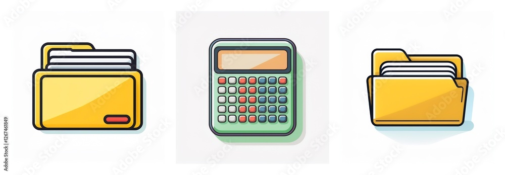 Leinwandbilder Three icons are displayed: two open yellow file folders with documents inside and a green calculator with colorful buttons in the center.