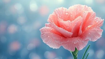 Close-up of a pink carnation flower with droplets, set against a softly blurred blue background