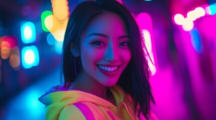 Fototapeta premium An asian woman smiling in front of a pink background. Asian fashion designer and gen z in neon neon. Smiling retro retro style vaporwave. A smiling asian woman stands against a lifestyle pink.