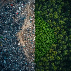 Contrast between urban waste and lush forest highlights environmental issues in modern society