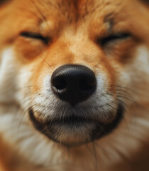 A close-up shot of a ginger dog with its eyes closed