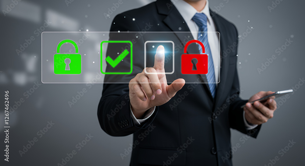 Poster security choices: businessman selects data protection online. lock, checkmark & control options. sec