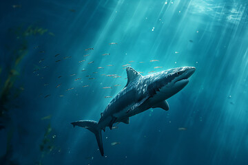 Fototapeta premium A majestic shark swimming through the deep blue ocean, surrounded by a school of small, darting fishes