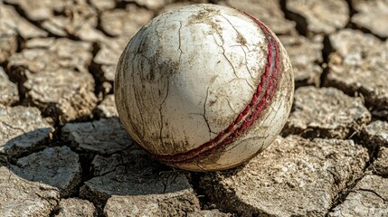 Worn cricket ball on cracked earth, drought impact, sports imagery