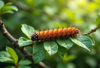 Fototapeta premium Bright Orange Caterpillar with Spines on Green Leaves
