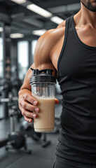Fit man with muscular body holding shaker bottle with protein shake in a gym. Fitness nutrition, muscle building