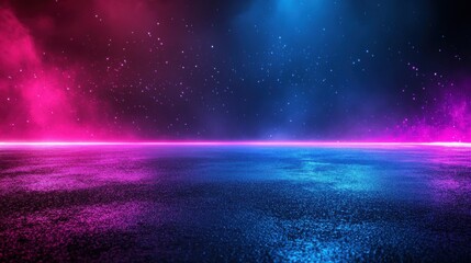 Abstract empty background with dark asphalt and neon purple, blue and pink light spots for car presentation