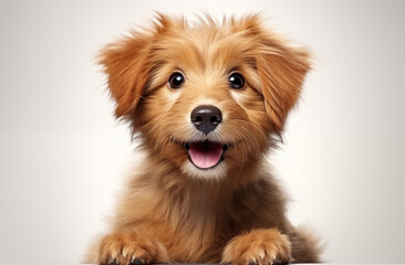 Funny red shaggy puppy, looks like a character from a cartoon, on a light background, cheerfully looking at the camera