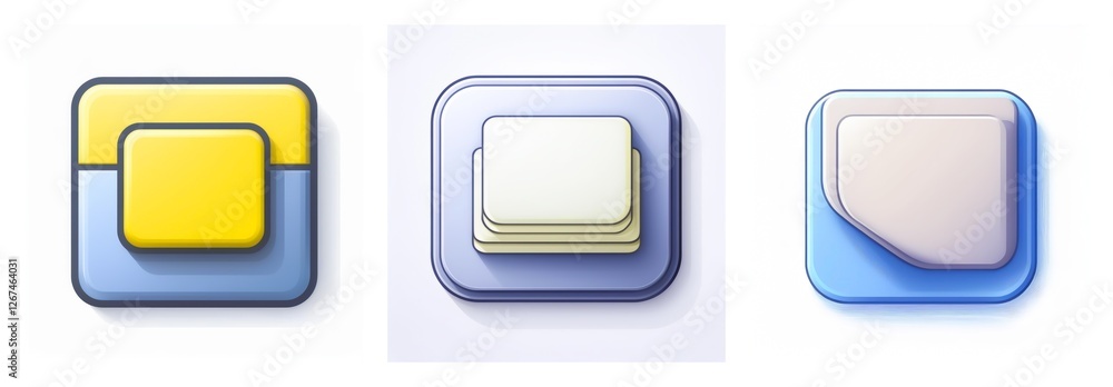 Aufkleber Three glossy icons present layered square and rectangular shapes on a rounded square base. Each icon has a 3D layered effect, with stacked elements.