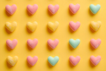 Obraz premium Colorful heart-shaped candies arranged on bright yellow background for sweet occasions