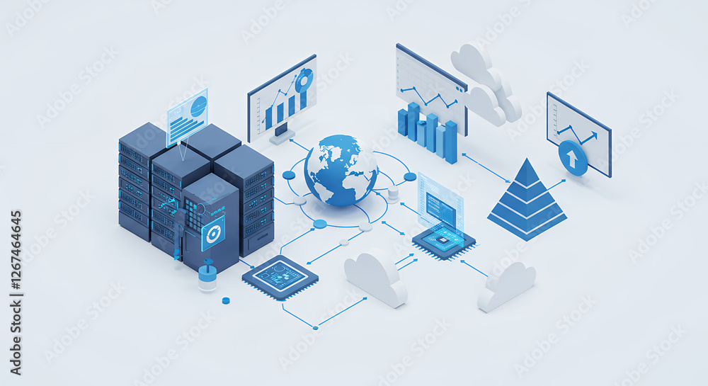 Poster data flow visualization: cloud computing, server infrastructure, & global network connectivity. anal