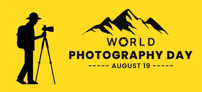 World Photography day 19 August, vector illustration banner poster, yellow background.