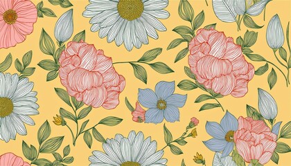 seamless pattern with beautiful flowers on light yellow background hand drawn floral pattern for your fabric summer background wallpaper backdrop textile  illustration