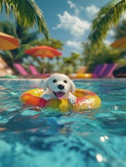 A funny white dog swims in a swimming circle in the pool. 3D illustration. A sunny summer day. Children's illustration. Holidays with pets, summer, heat. Learning to swim