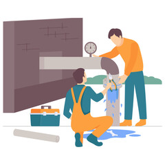 Mechanics Replacing Main Water Distribution Joint concept, Drinking water supply sanitation Wells Pipe Repair vector design, plumbing worker banner, Handyman Service scene HVAC technician illustration