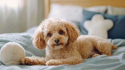 Cute dog lying on a cozy bed with a toy
