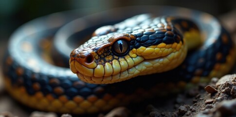Fototapeta premium Snake's facial features visible through narrow gaze, blue viper snake, wildlife
