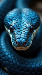 Snake's face with blue scales showing closely on the head , snake skin, venomous, close-up
