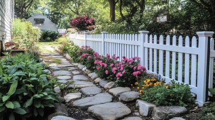 A white picket fence with pink flowers in front of it