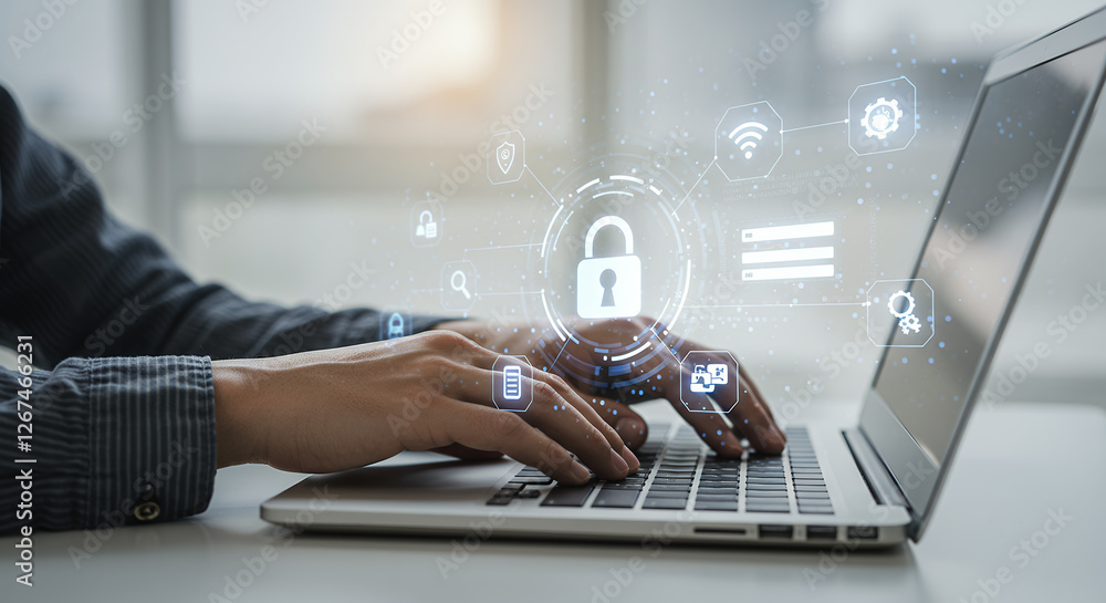 Poster cyber security: secure data with laptop - protecting information & online privacy with lock icon tec