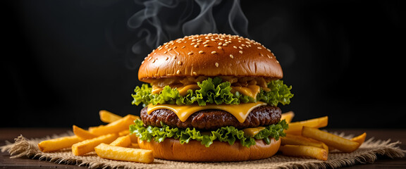 Giant delicious hot cheeseburger with tomato,lettuce,cheese and a big piece of meat served with french fries on a brown sack table mat on black background