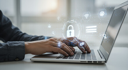 Cyber Security: Secure Data with Laptop - Protecting Information & Online Privacy with Lock Icon Technology