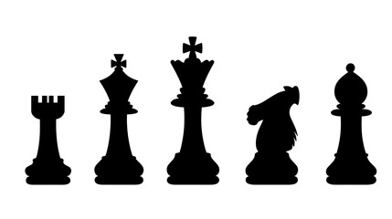 Assorted Black Chess Pieces Silhouette Artwork Depicting Rook Knight Bishop King Queen Chessboard Elements