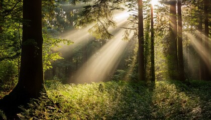 Fototapeta premium sunbeams in forest sunrays