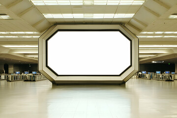 Expansive octagonal digital billboard in a subdued airport terminal, great for large-scale ads.
