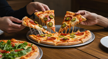 group of students friends eat Italian pizza, hands take slices of pizza in a restaurant 
