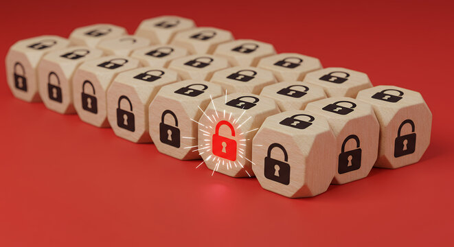 ** Security Breach: Red Unlock on Dice. Threat, Vulnerability, Cybersecurity, Risk Management Concept.
