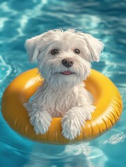 A funny white dog swims in a swimming circle in the pool. 3D illustration. A sunny summer day. Children's illustration. Holidays with pets, summer, heat. Learning to swim