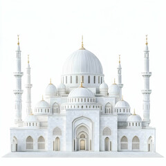 Obraz premium 3D rendering of a white mosque, isolated on white background, side and front views