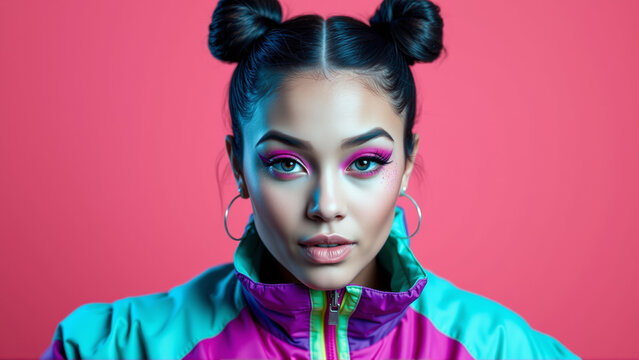 Young girl with bright face makeup on pink background. Girl dressed in a vintage sports windbreaker