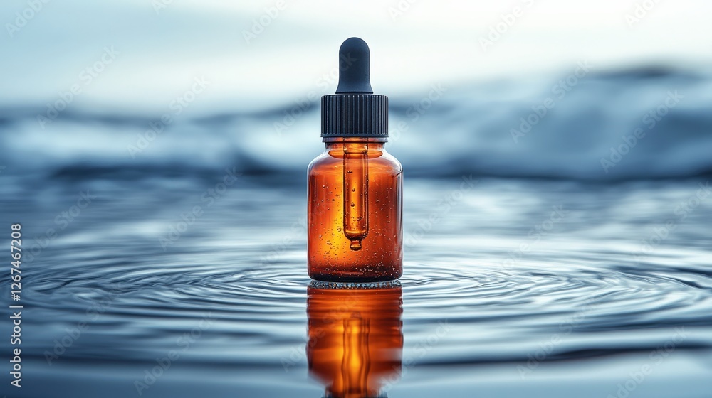 Poster close-up of an amber dropper bottle resting on water surface with gentle ripples and soft background