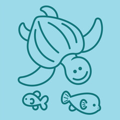 Lineart outline Sea Animal in cute colorful design for kids and education