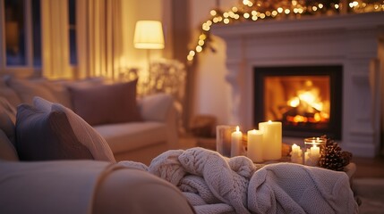 Candle is lit in front of. Living room with a fireplace and a fireplace. Interior of a fireplace in winter. A candle is burning in front of the lifestyle fireplace.