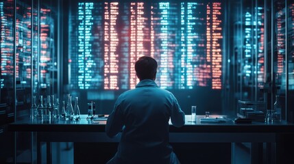 Fototapeta premium Scientist reviewing data, lab, night, technology