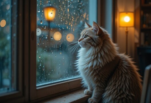 A fluffy cat sitting by a window, intently watching the rain fall outside, with droplets on the glass and a cozy, warm light reflecting on the window, creating a serene mood Generative AI - Powered by Adobe