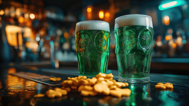 Festive St Patrick's Day vibes with green beer glasses and crisps on bar counter, blurred backdrop