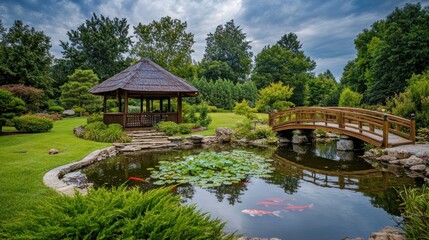 Obraz premium Serene Japanese Garden with Koi Pond and Gazebo