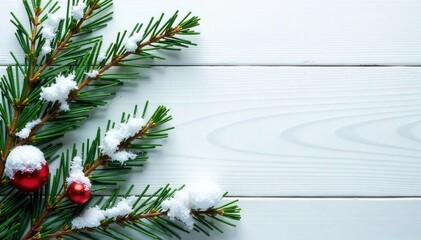Snowfall and fir branches on white wood, snow, wood, fir