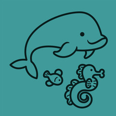 Lineart outline Sea Animal in cute colorful design for kids and education